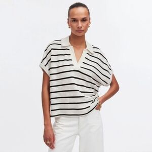 MADEWELL Relaxed V Neck Striped Contemporary Polo White Black NWT Size XS